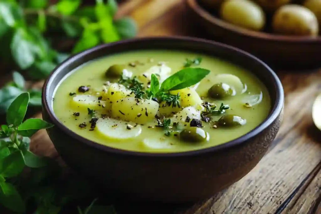 Green olive soup recipe in rustic bowl
