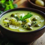 Green olive soup recipe in rustic bowl