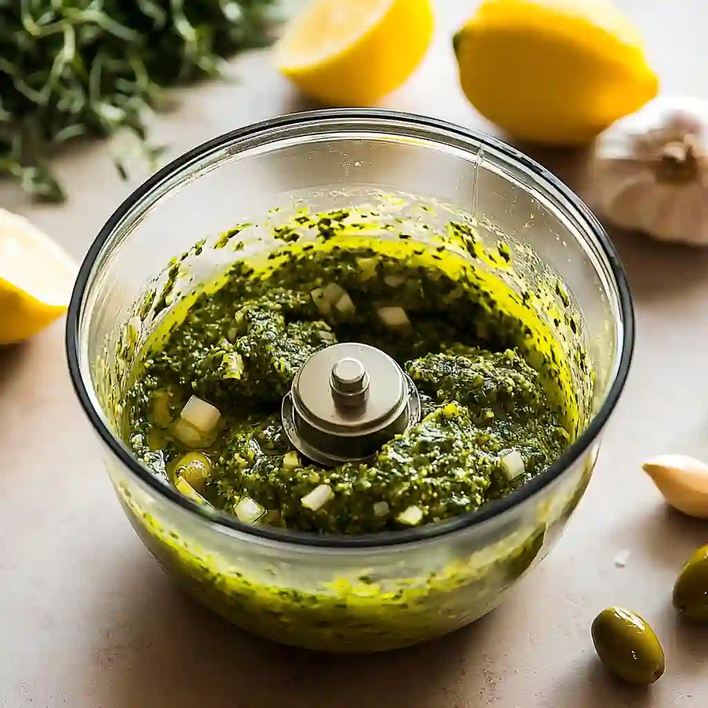 Blending green olive paste in processor