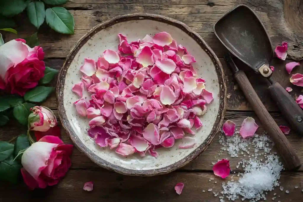 Candied rose petals on ceramic plate