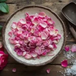 Candied rose petals on ceramic plate