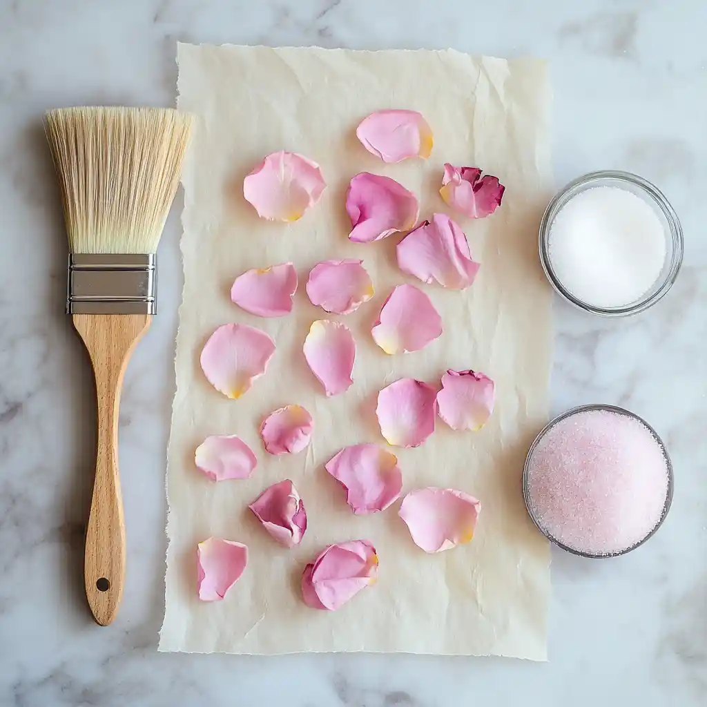 Ingredients for candied rose petals recipe