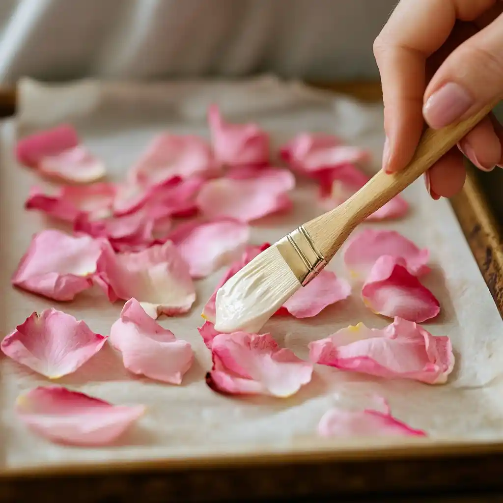 Brushing aquafaba on rose petals