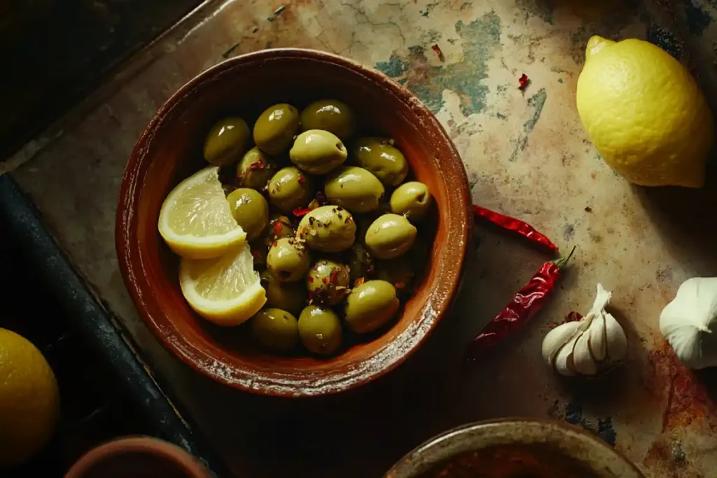 Cracked green olives in bowl with lemon and chili