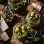 Cracked green olives jarred and labeled