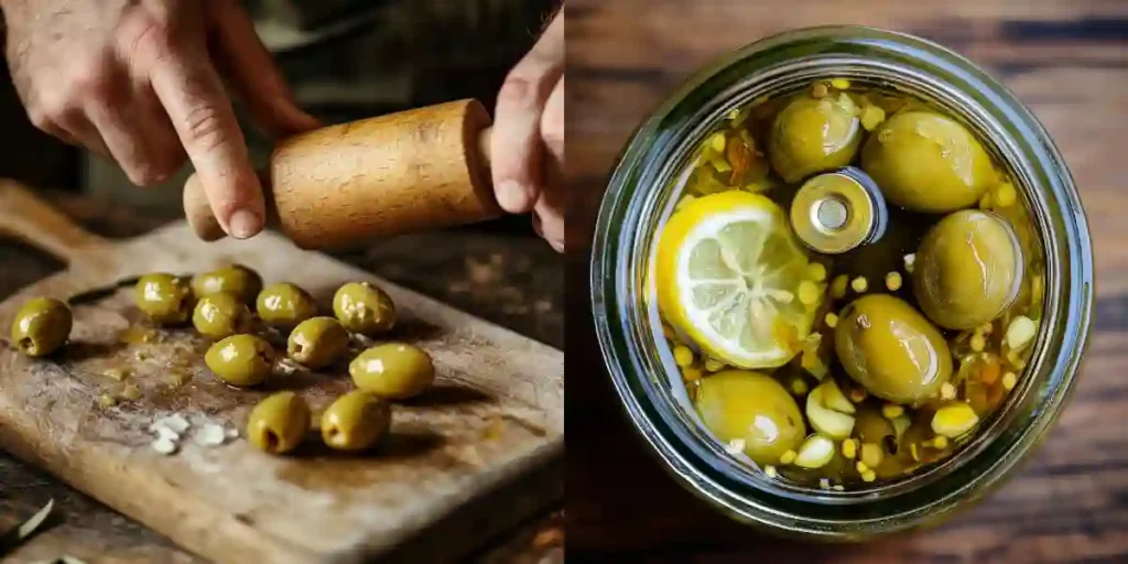 Cracking green olives with rolling pin