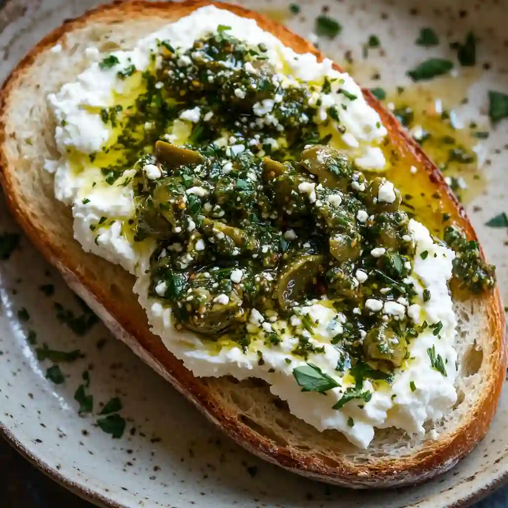 Green olive dip served on toast