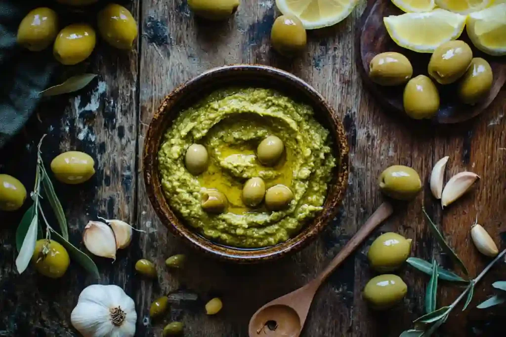 Green olive paste recipe in rustic bowl