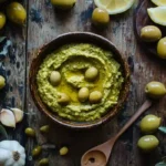 Green olive paste recipe in rustic bowl