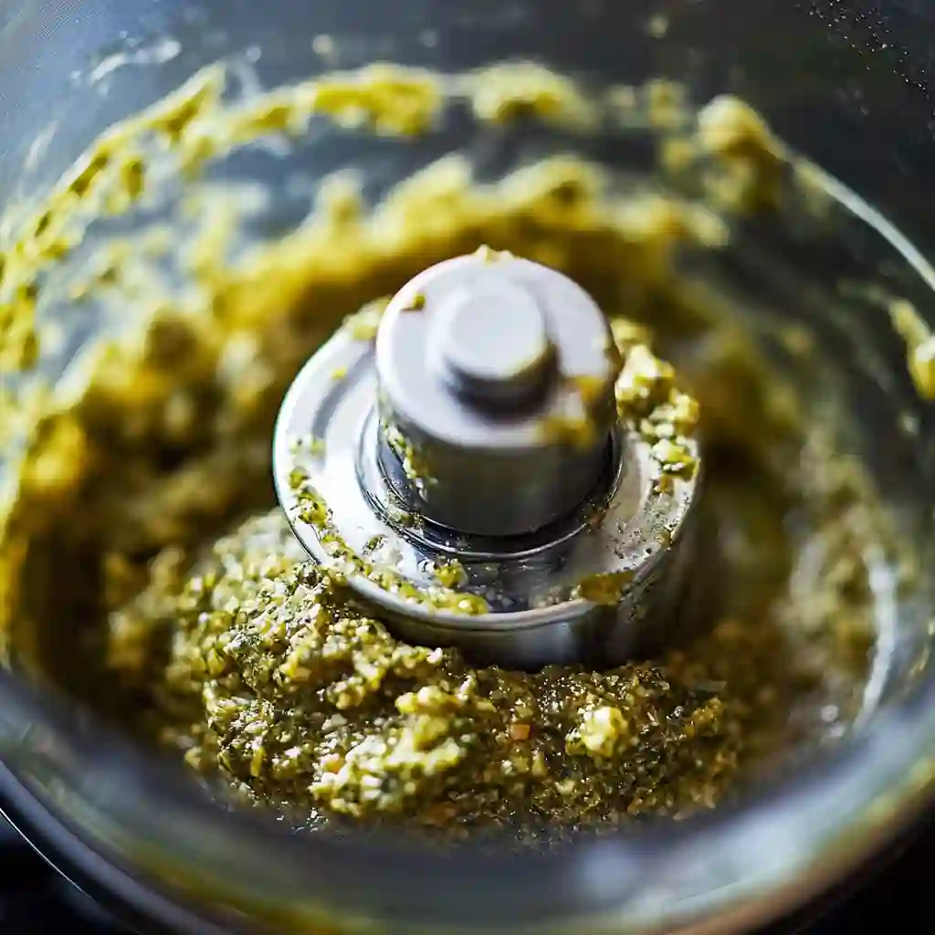 blending green olive tapenade in food processor