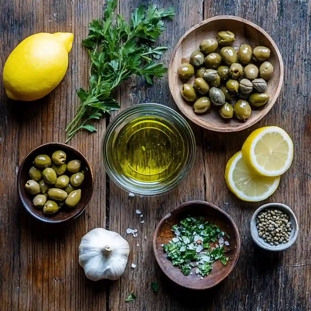 green olive tapenade ingredients on wood