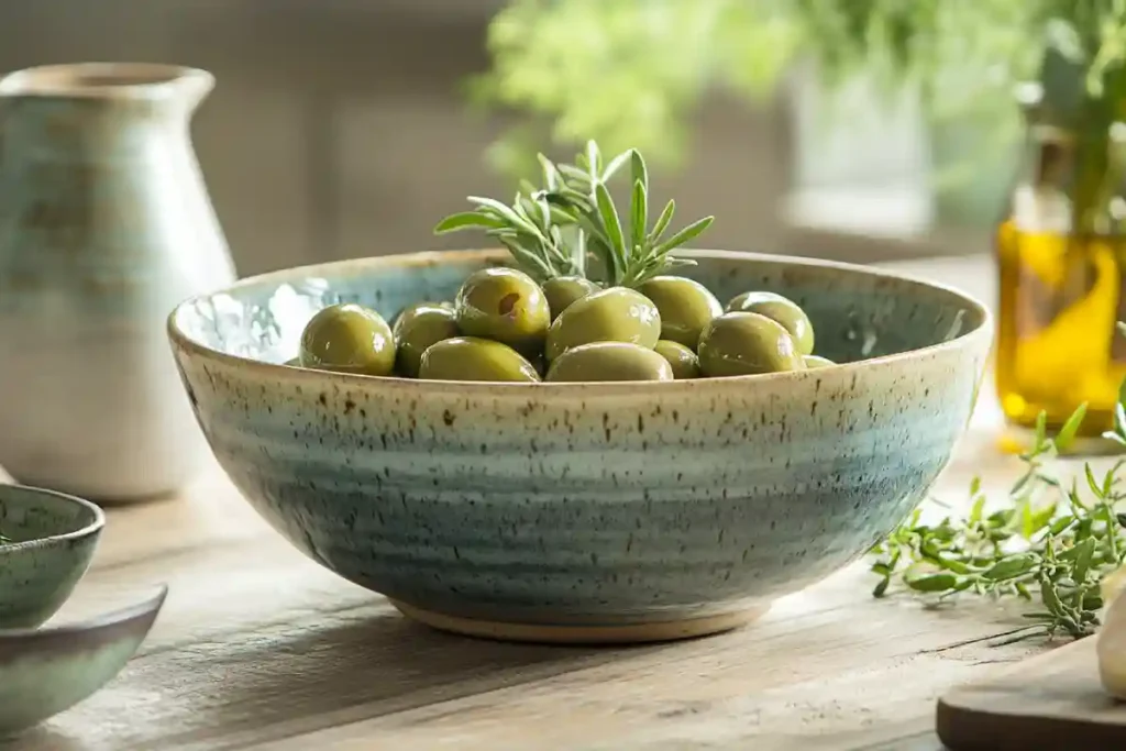 Green olives in a rustic bowl