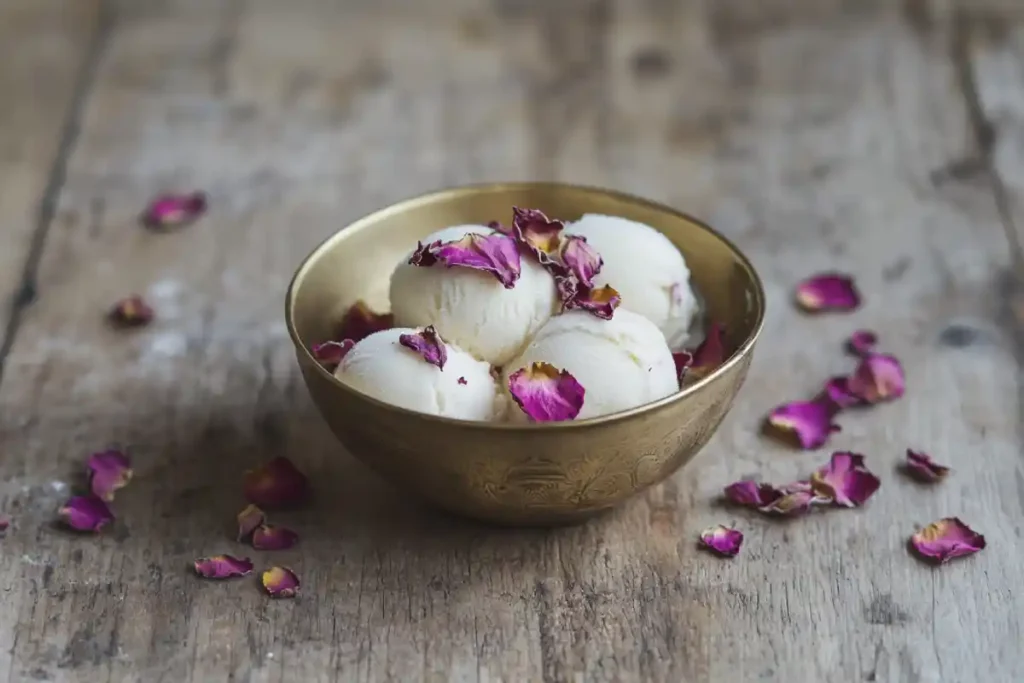 ice cream with rose petals