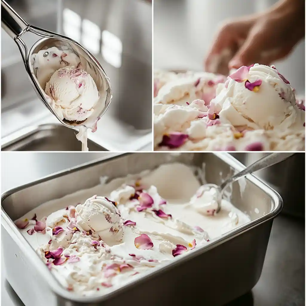 ice cream with rose petals