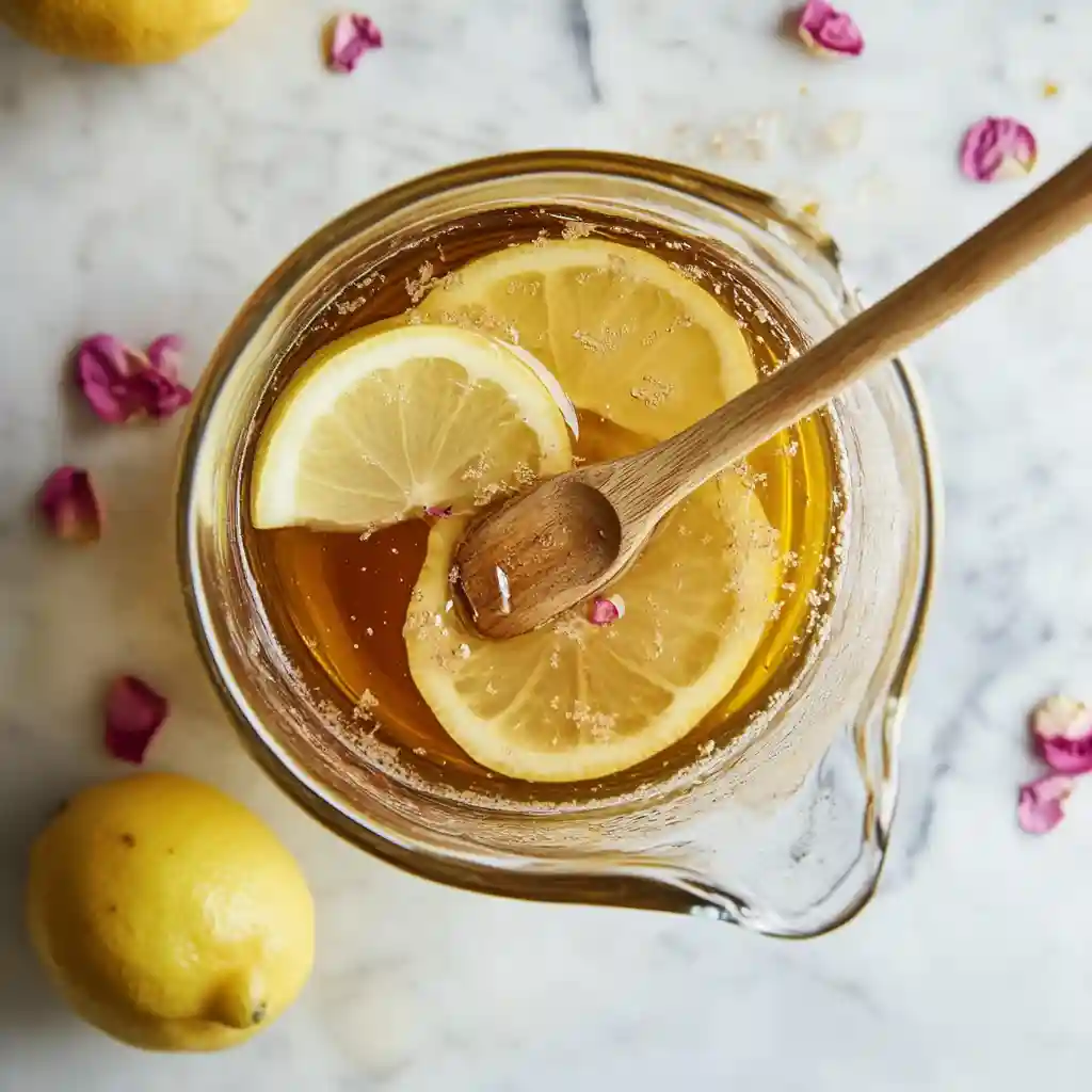 Mixing rose petal tea and lemon juice for lemonade