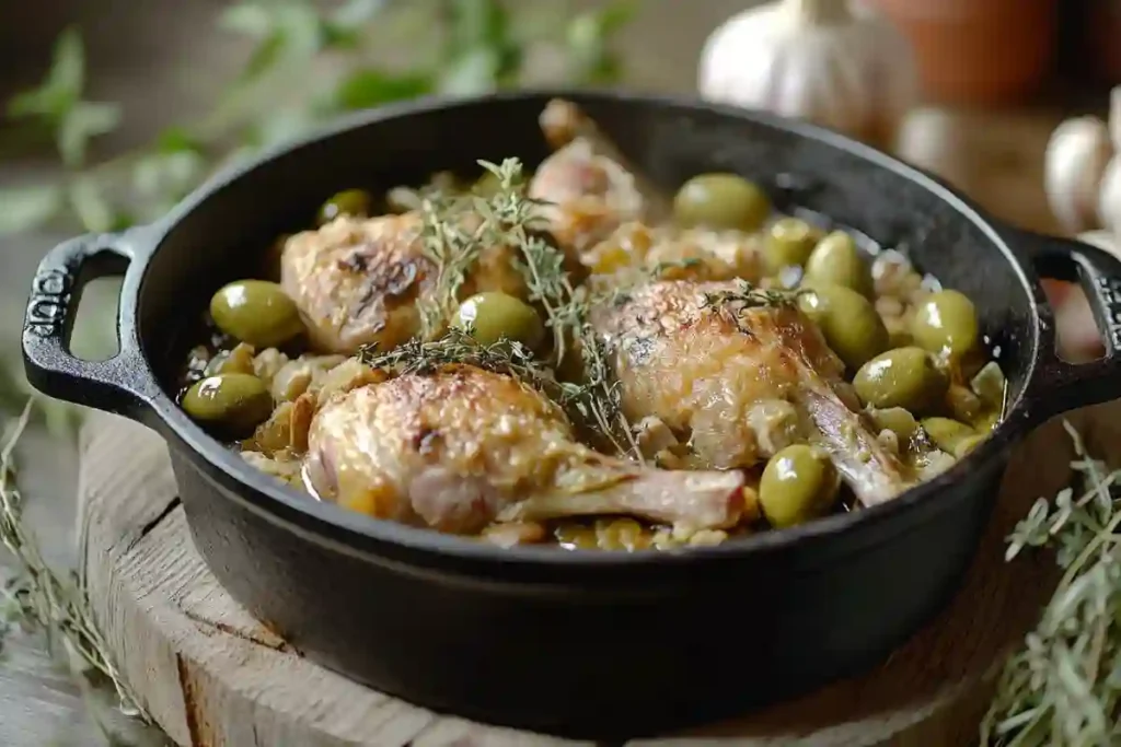 rabbit with green olives recipe in rustic setting