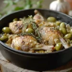 rabbit with green olives recipe in rustic setting