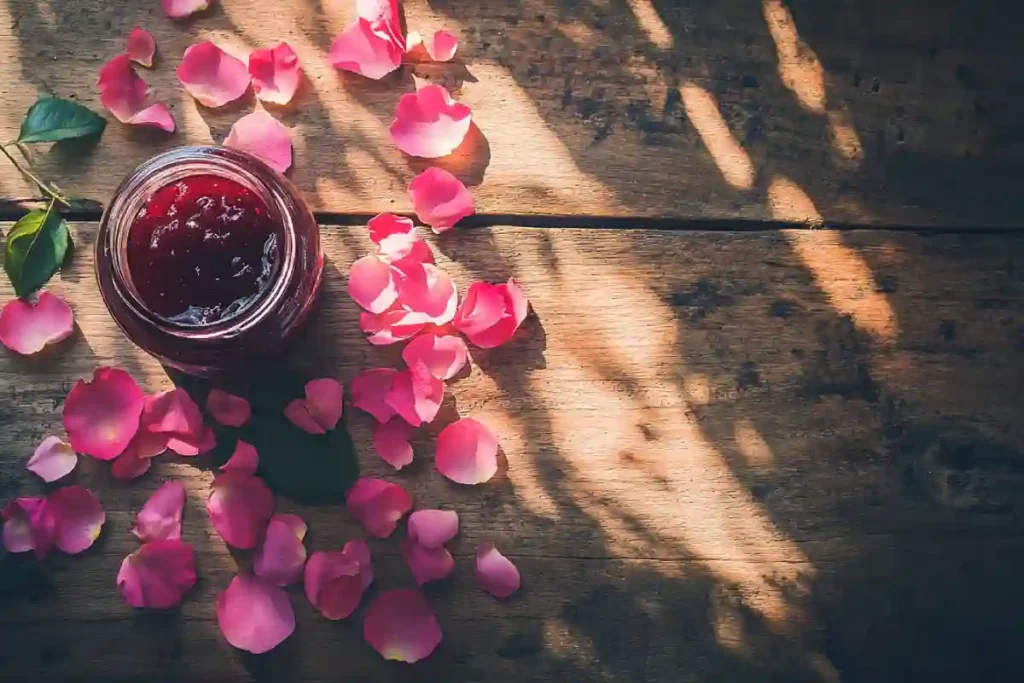 rose petal jam on rustic table with rose petals