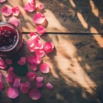 rose petal jam on rustic table with rose petals