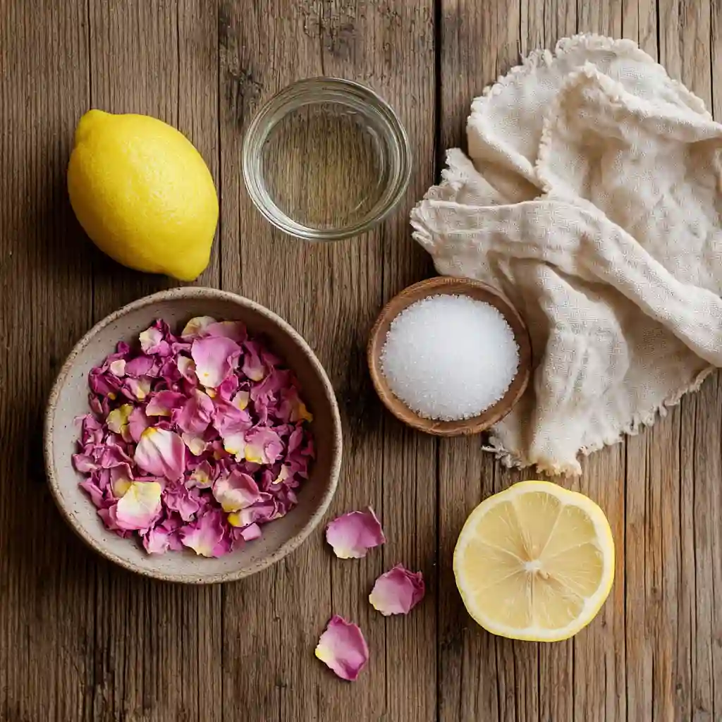 rose petal jam ingredients on wooden table