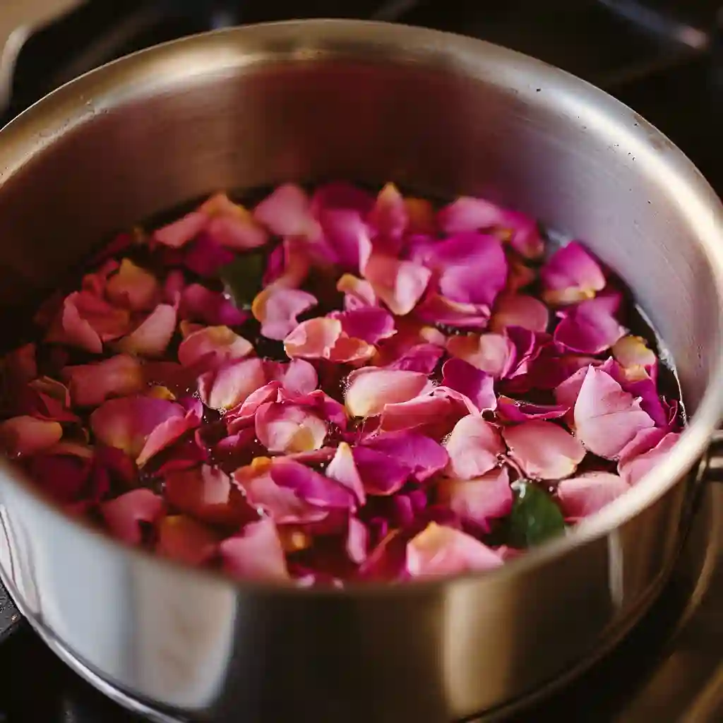 simmering rose petals in saucepan