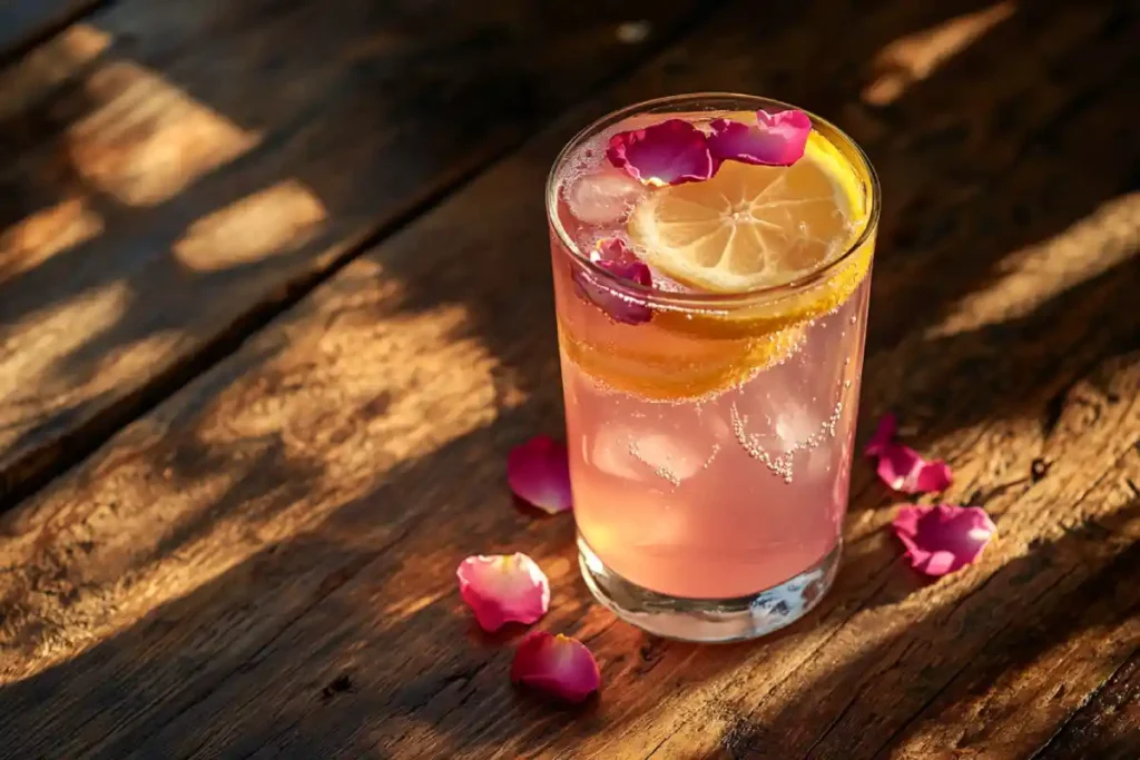 Rose Petal Lemonade in a glass with rose petals and lemon