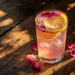 Rose Petal Lemonade in a glass with rose petals and lemon