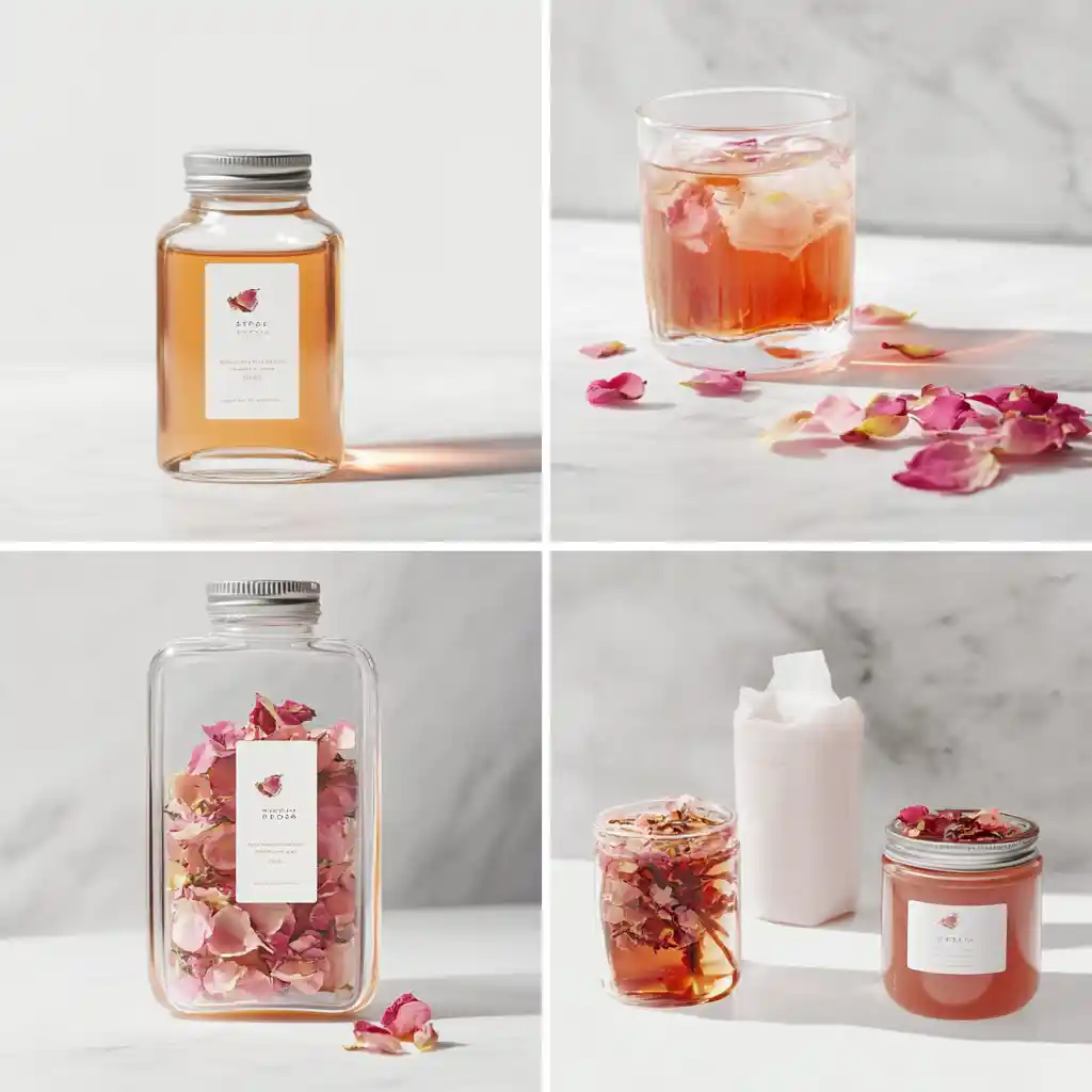 Rose petal products including syrup, tea, and jam