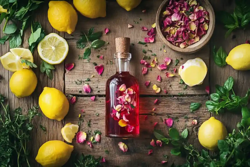 Rose petal syrup in a glass bottle with fresh petals
