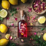 Rose petal syrup in a glass bottle with fresh petals