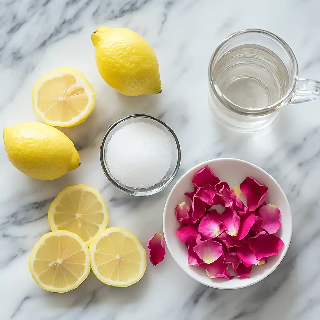 Ingredients for rose petal syrup including sugar, lemon, and petals
