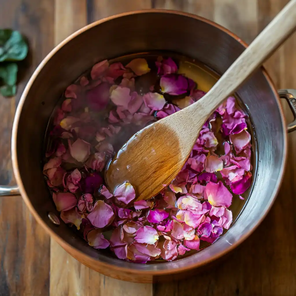 Rose petals simmering in syrup in a saucepan