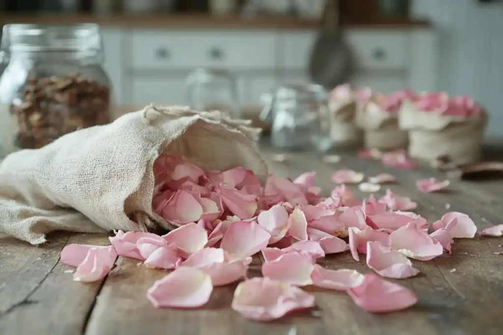 Rose petals with apothecary jars and tools