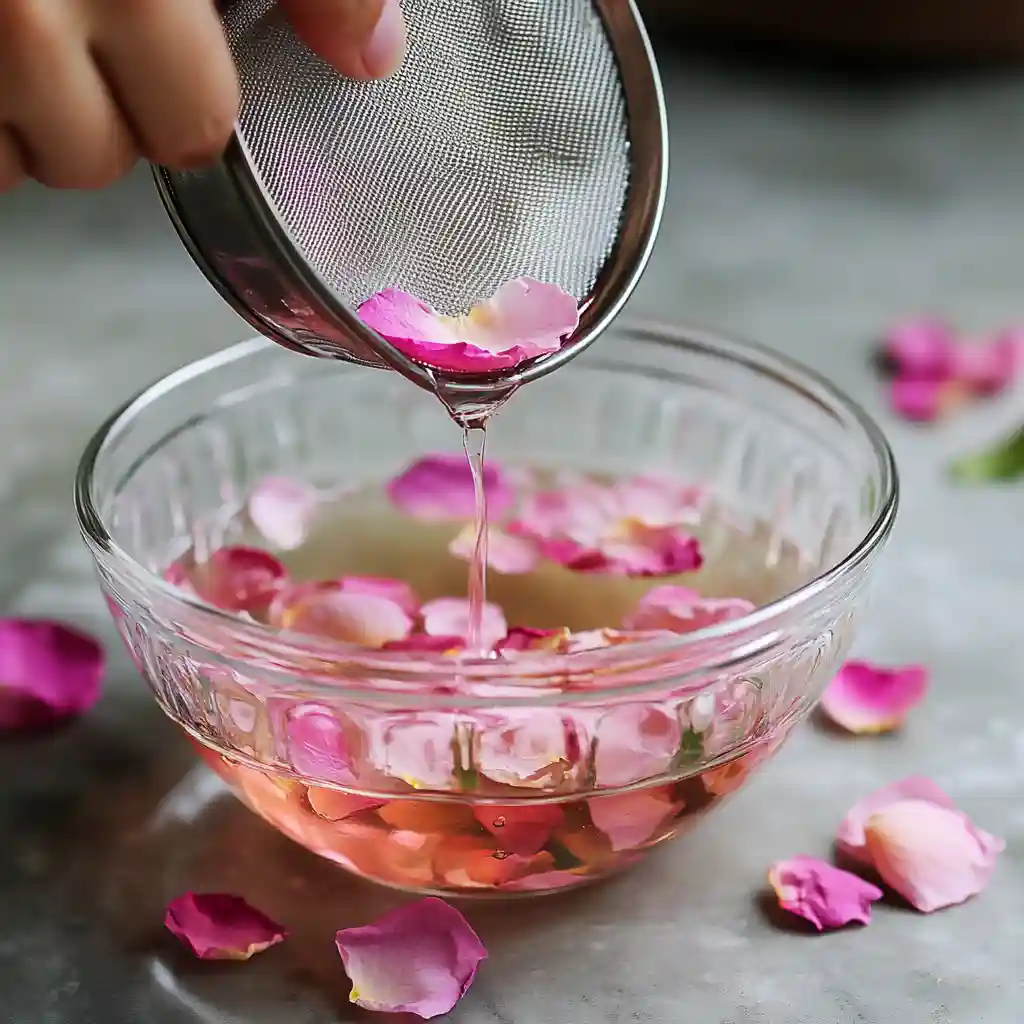 Straining steeped rose petals to make rose tea