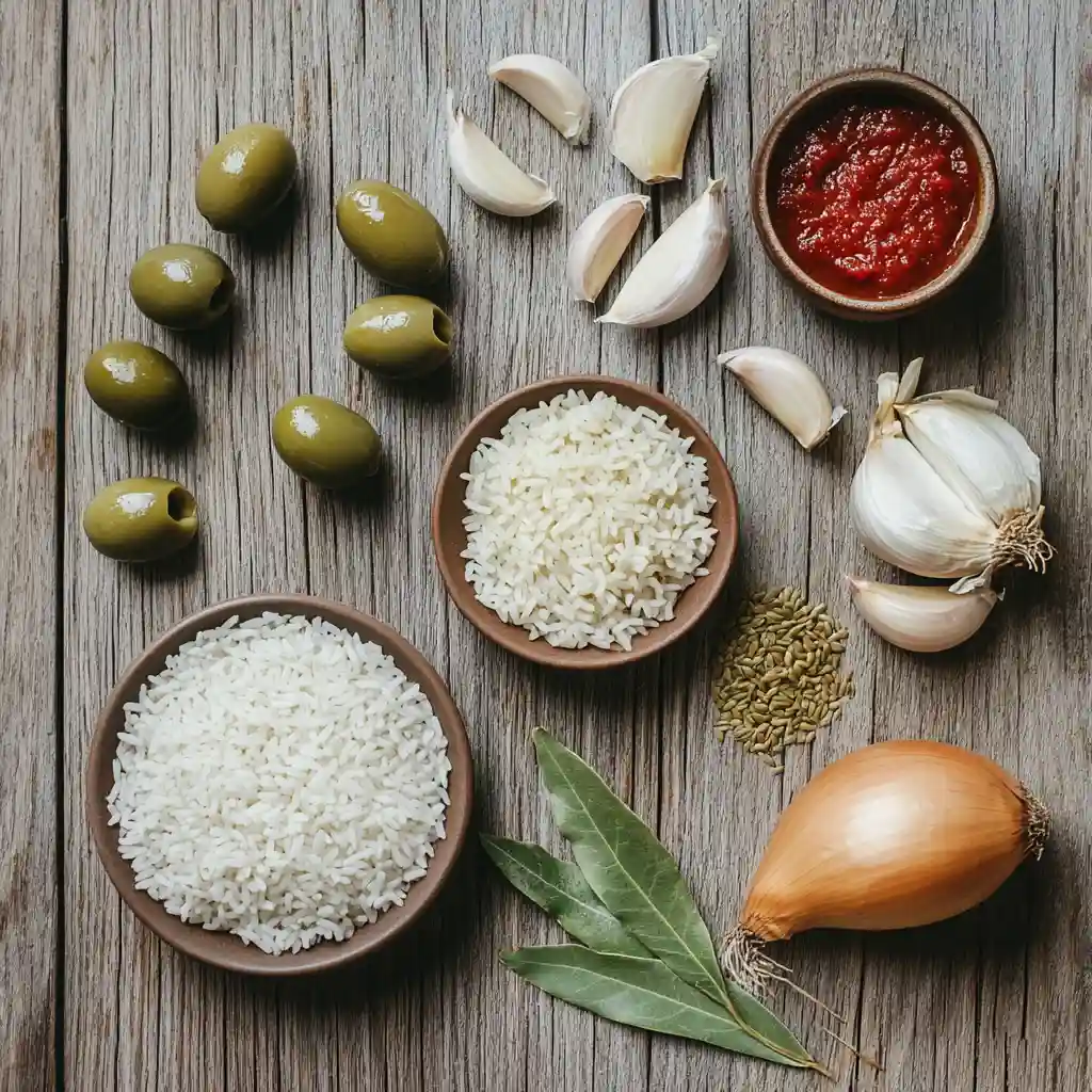 Ingredients for Spanish rice with green olives
