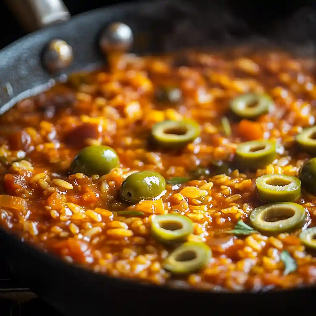 Simmering Spanish rice with tomato and green olives