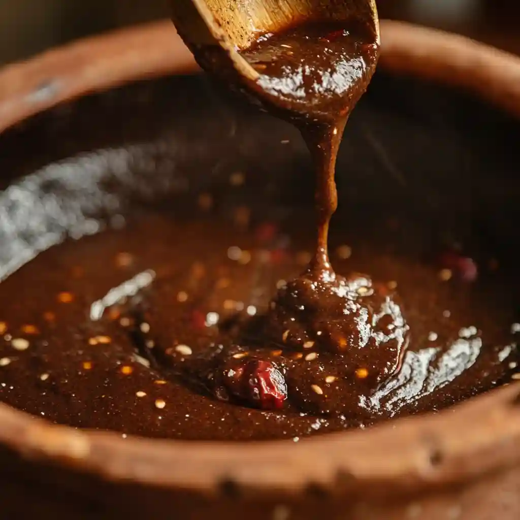 Ancho chili in mole sauce in clay pot