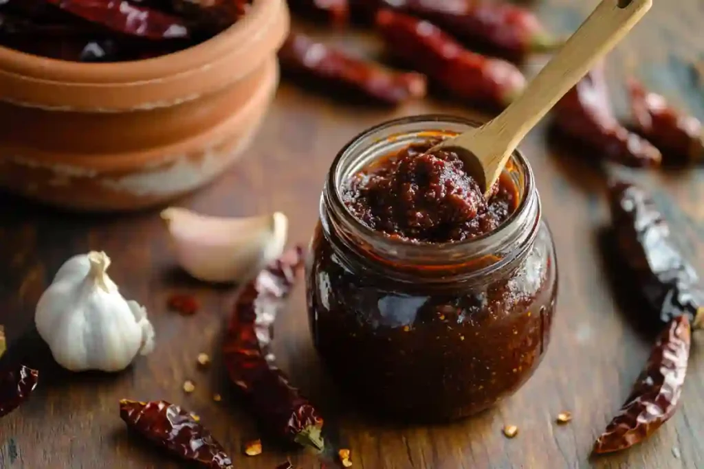 Ancho chili paste in mason jar with dried peppers on rustic kitchen counter