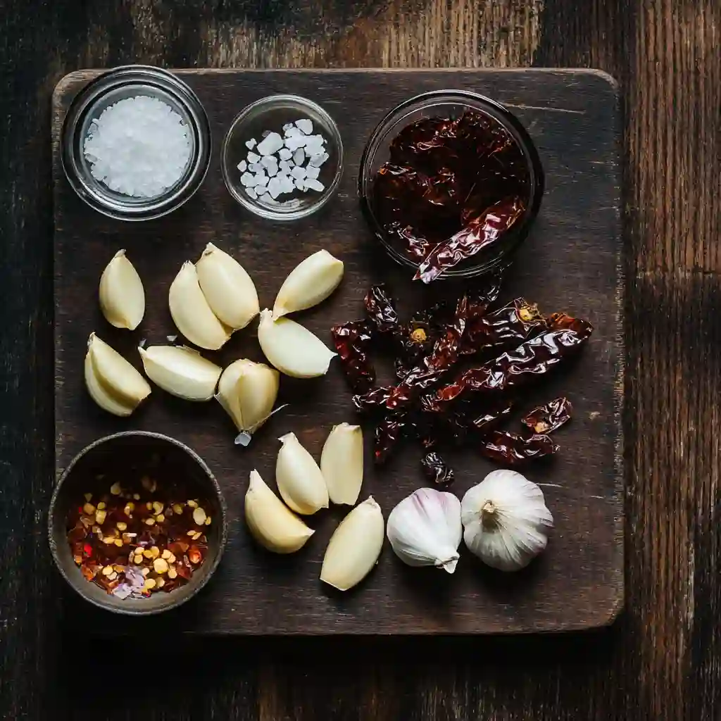Ingredients for ancho chili paste including dried ancho chilies, garlic, and vinegar