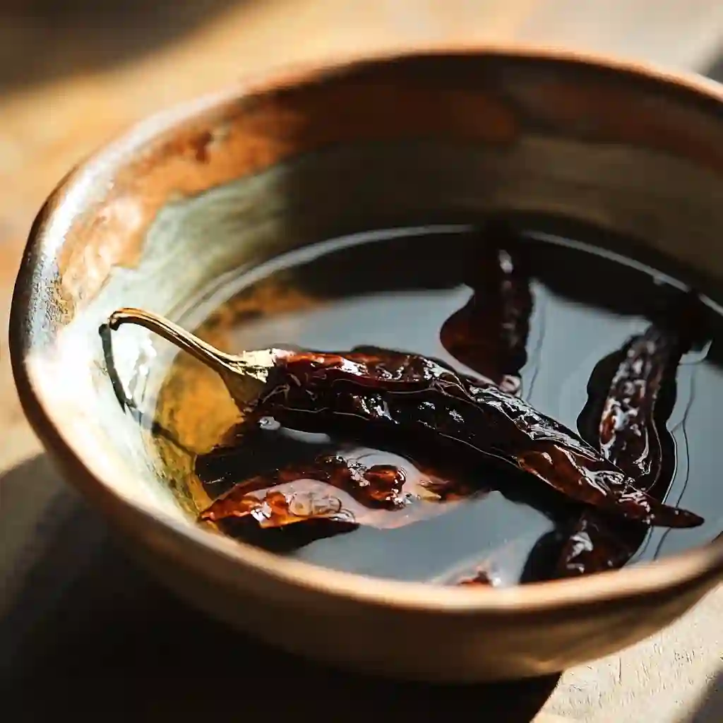 Soaked ancho chilies in bowl of hot water for chili paste preparation