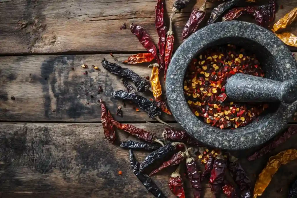 assorted dried ancho chili substitutes on rustic background