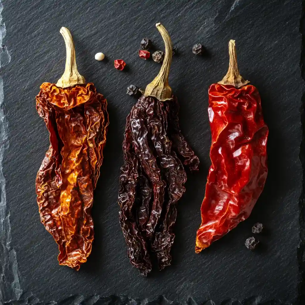 Ancho chili next to guajillo and chipotle