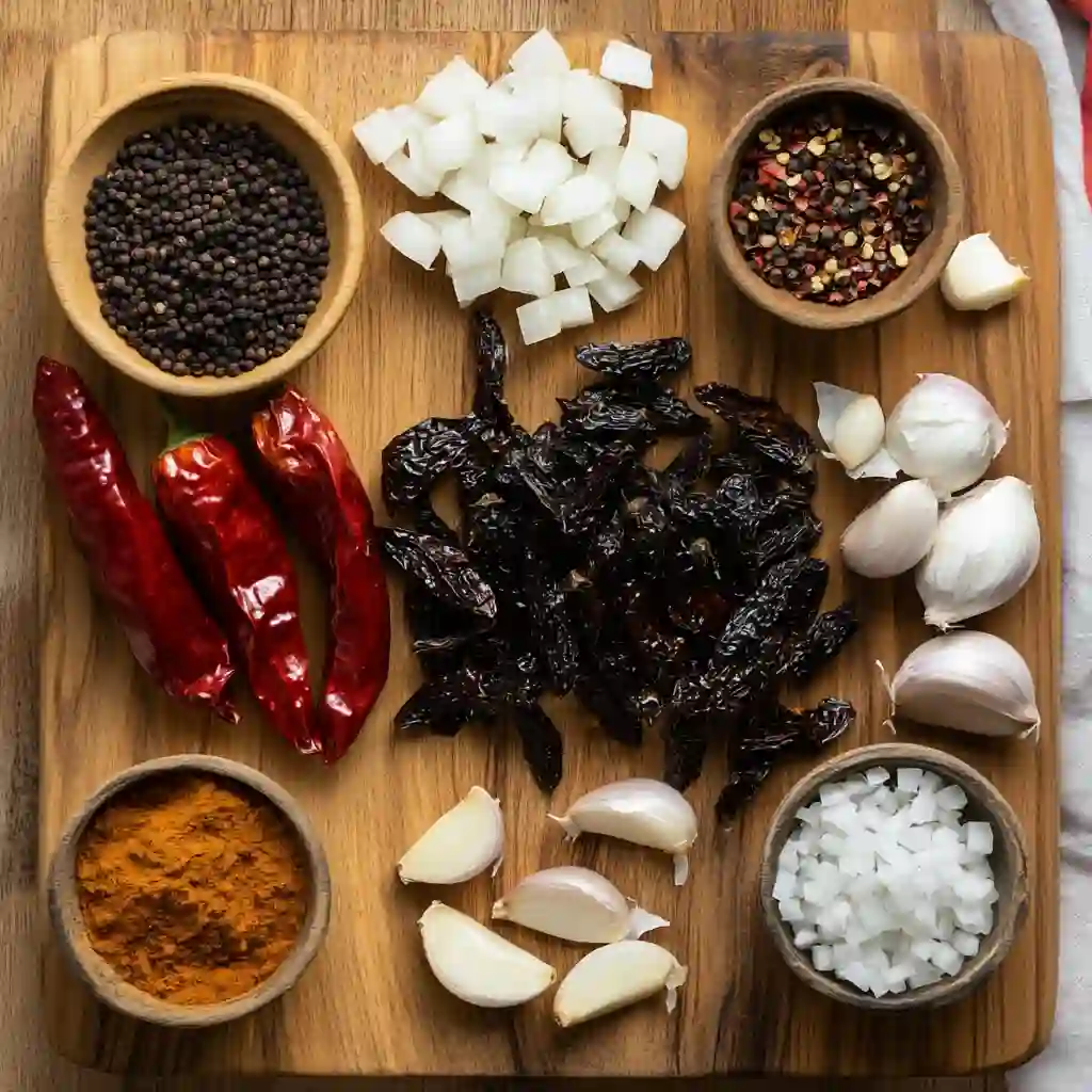 dried ancho and pasilla peppers with cooking ingredients flat lay
