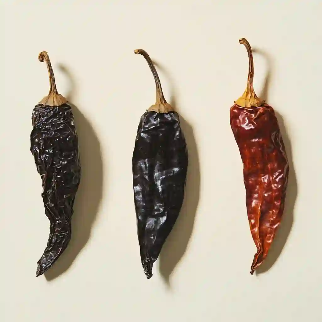 comparison of dried ancho, pasilla, and guajillo chiles