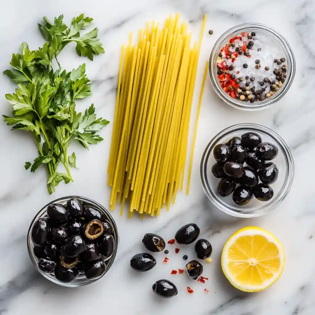 Ingredients for black olive pasta