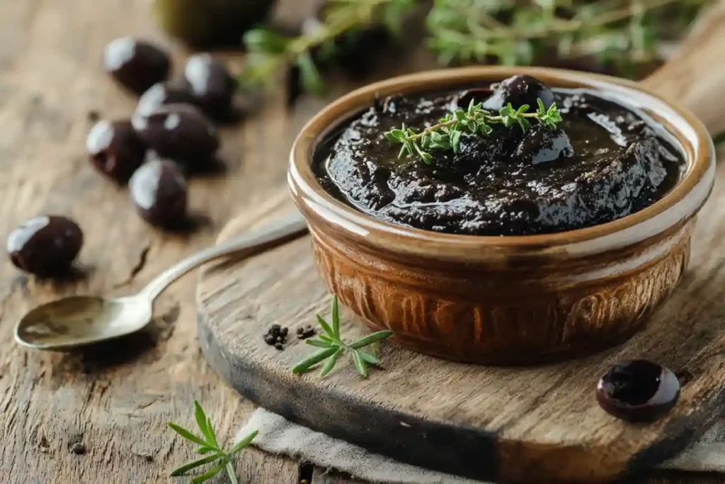black olive spread in rustic kitchen