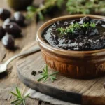 black olive spread in rustic kitchen