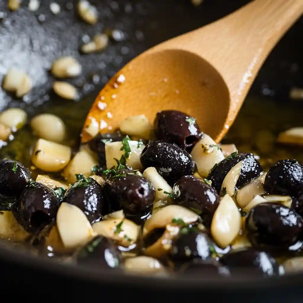 Garlic and black olives sautéing in olive oil
