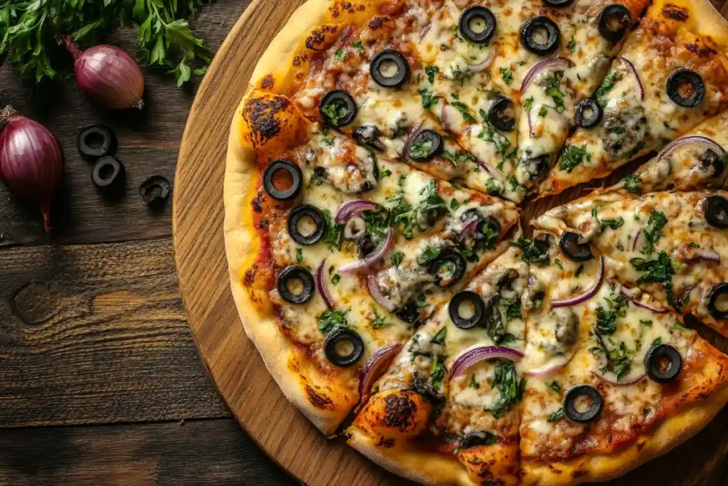 black olives pizza on wooden board