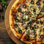 black olives pizza on wooden board